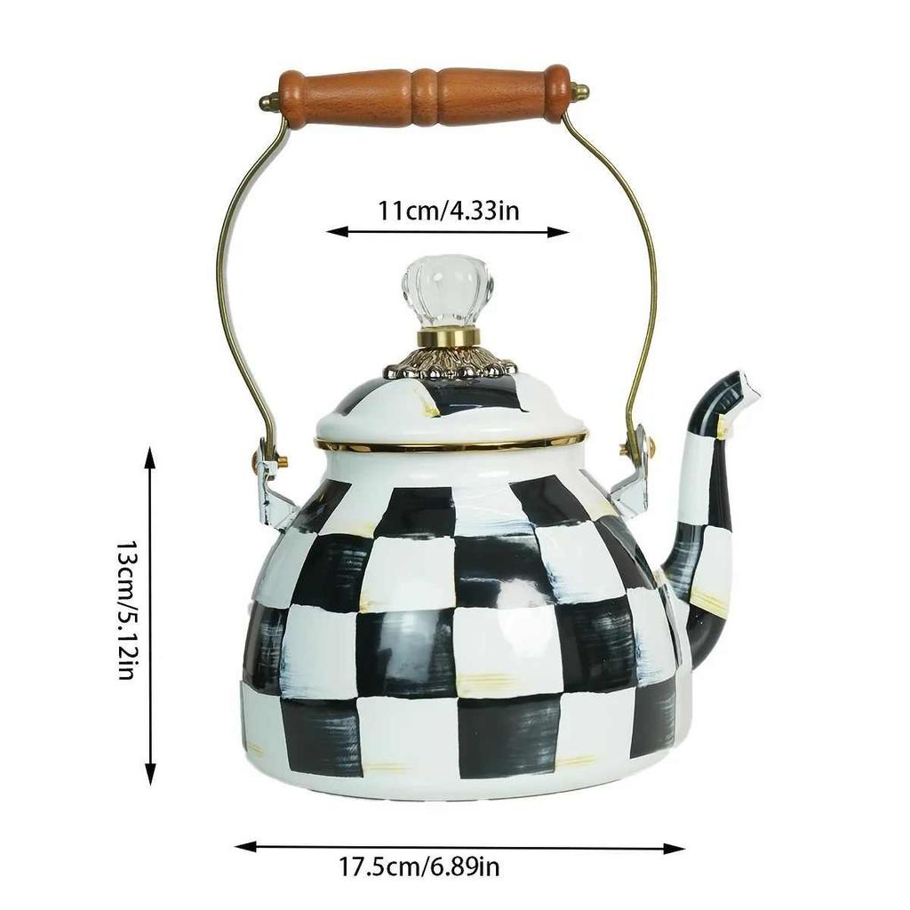 2.5 Quart Check Enamel Tea Kettle Vintage Enameled Teapot Stovetop For Water Coffee Tea Pot Home Kitchen Decor With Handle
