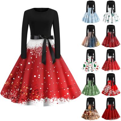 Women's Fashion Round Neck Casual Slim Christmas Printed Long Sleeve Dresses