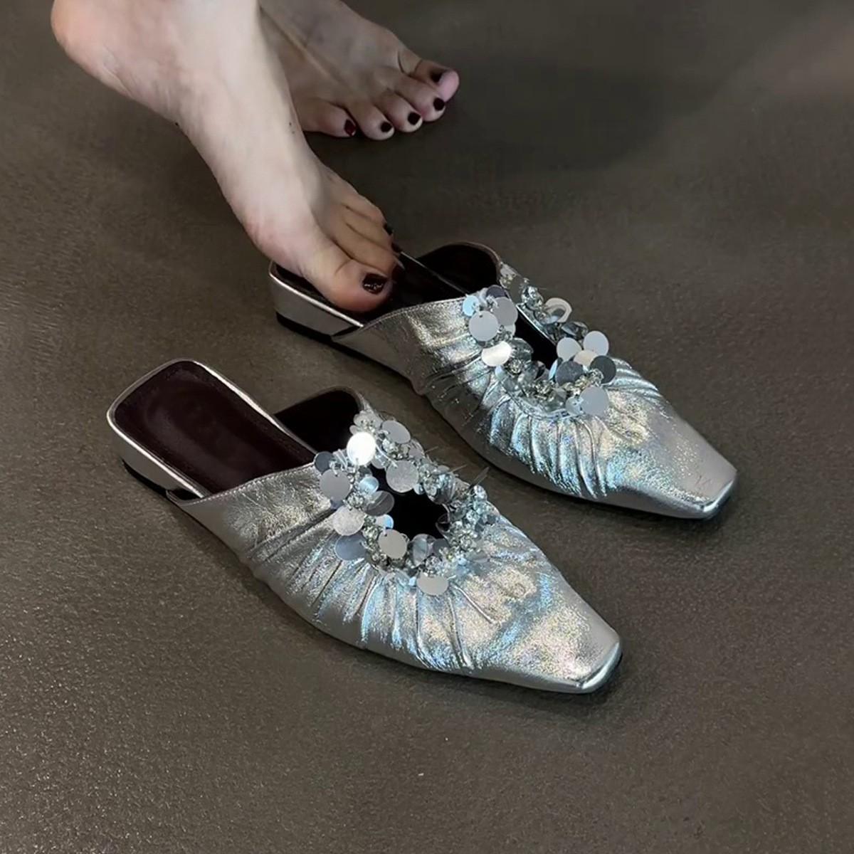 

French square head sequined hollowed-out cool slippers, one pedal heel temperament silver bag head half slippers women 35