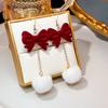 Retro French Red Bow Flocked Earrings Hairball Tassel Long Pendant Light Luxury Small Fragrant Stud Earrings