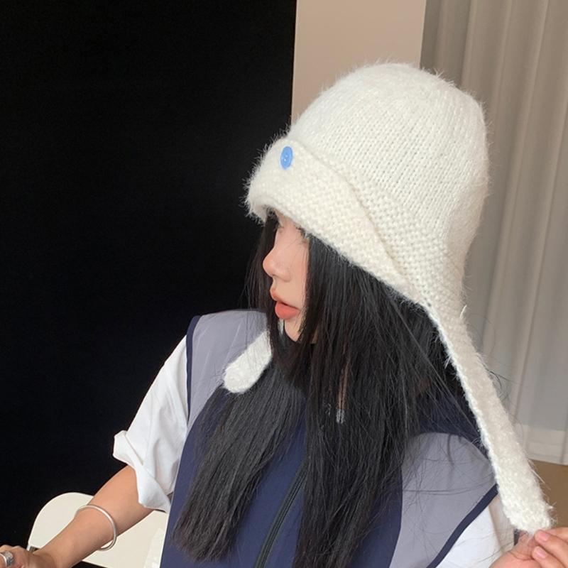 Winter Warm Knit Hat for Women Girl Button EarFlap Beanie Hat Outdoor Activity Scarf Cap Windproof Headwear Pullover Hat