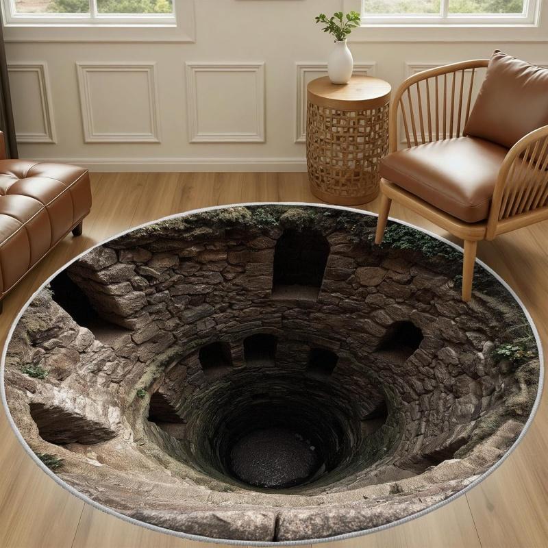 Cave Pool Illusion Round Area Rug Non-Slip Floor Mat for Living Room Bedroom Nature-Inspired Home Decor