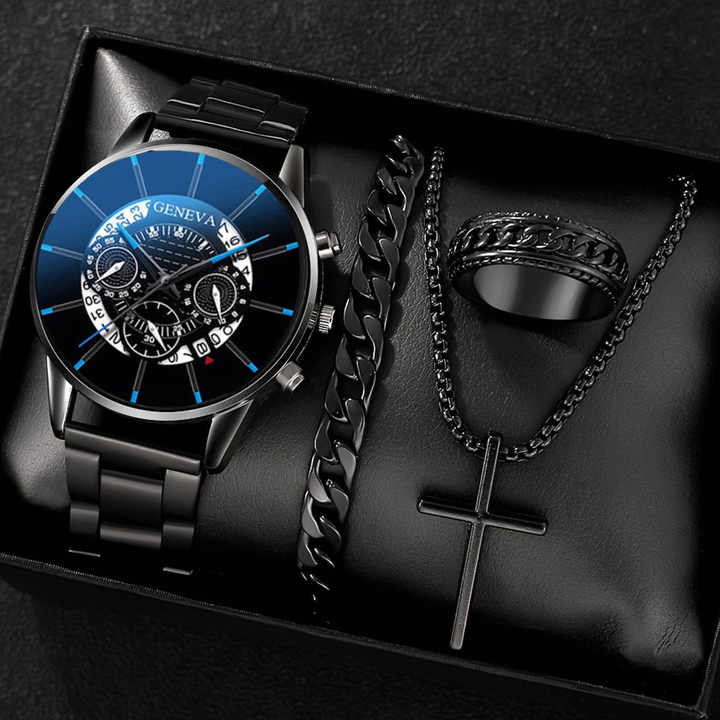 Fashion Business Geneva Calendar Watches Men's Stainless Steel Bracelet Pendant Necklace Ring Quartz Watch Set for Men