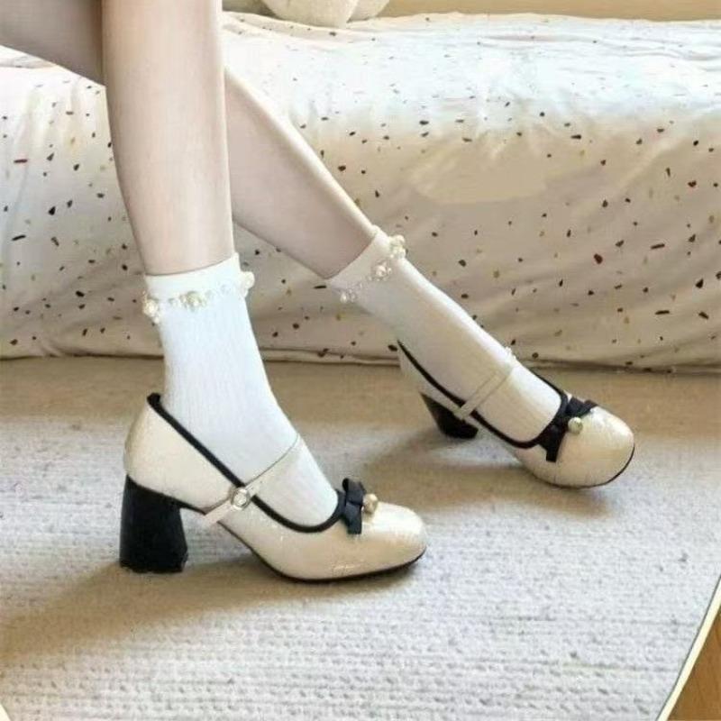 2025 Women's Pumps Autumn New Fashion Comfortable High Heels Chunky Heels Shoes Bow-knot Pearl Elegant Shoes Zapatos De Mujer