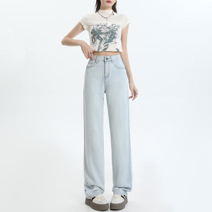 Summer Lyocell Tencel Narrow Wide Leg Tummy Control High Waist Soft Drape Slim Denim Pants Ladies Casual Pants Oversize Denim Trousers