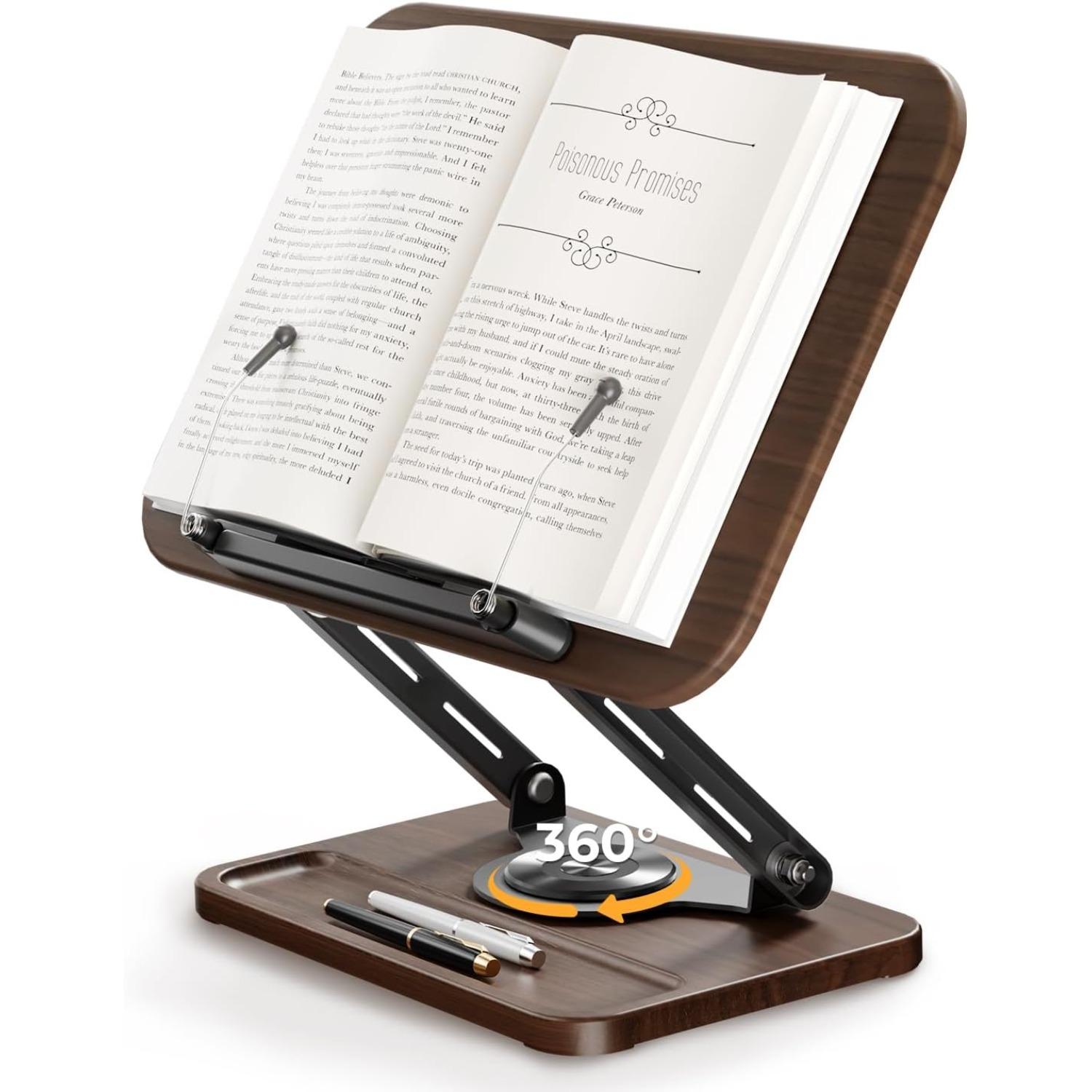 

Adjustable Book Stand & Book Holder with 360° Rotation, Height Adjustable Reading Stand with Extendable Page Clips and Mini Storage