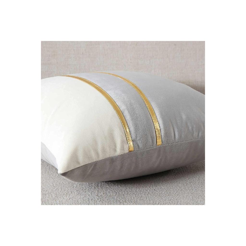 2 Pcs Velvet Look Decorative Throw Pillow Covers With Gold Leather Strips