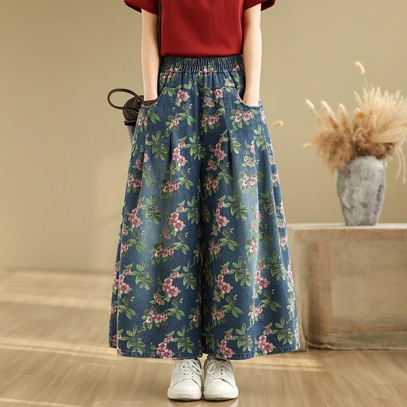 

Большие размеры Тонкие Винтажные цветочные высокая талия повседневные свободные Женские летние джинсы джинсовые широкие брюки XXL