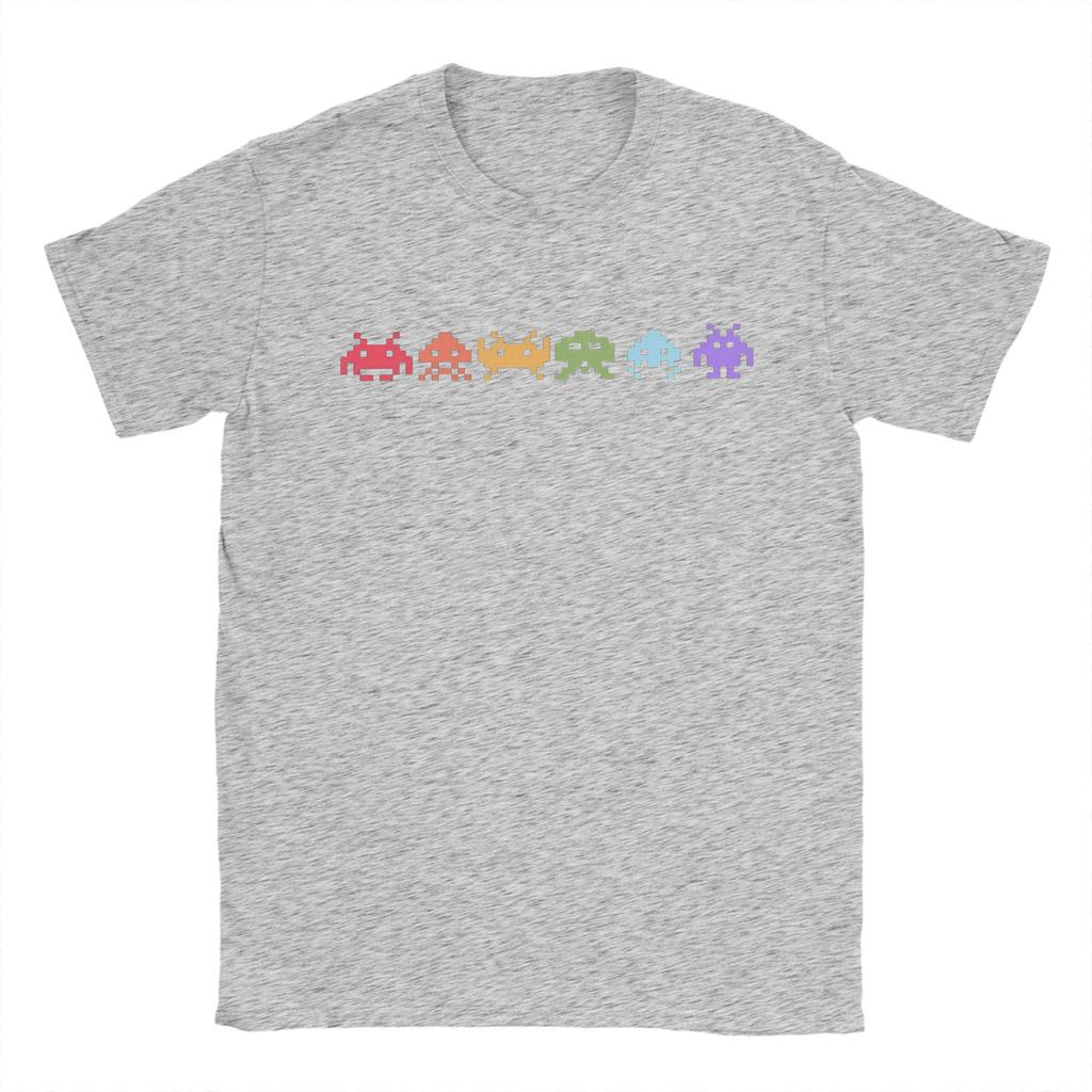 Space Invaders Pixel Art Rainbow Aliens TShirt Men Tee Shirt Round Neck Short Sleeve T Shirt Gift Idea Clothing