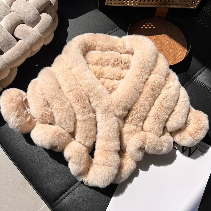 Fashion Genuine Rex Rabbit Fur Shawl Girls Warm Neck-protecting Scarf Women Winter Stylish Double-sided Thickened Fur Scarf Cape