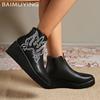 Women Wedges Ankle Boots Embroidery Designer Retro Mid Heels Shoes  Trend Winter New Classic Goth Leather Botas De Mujer