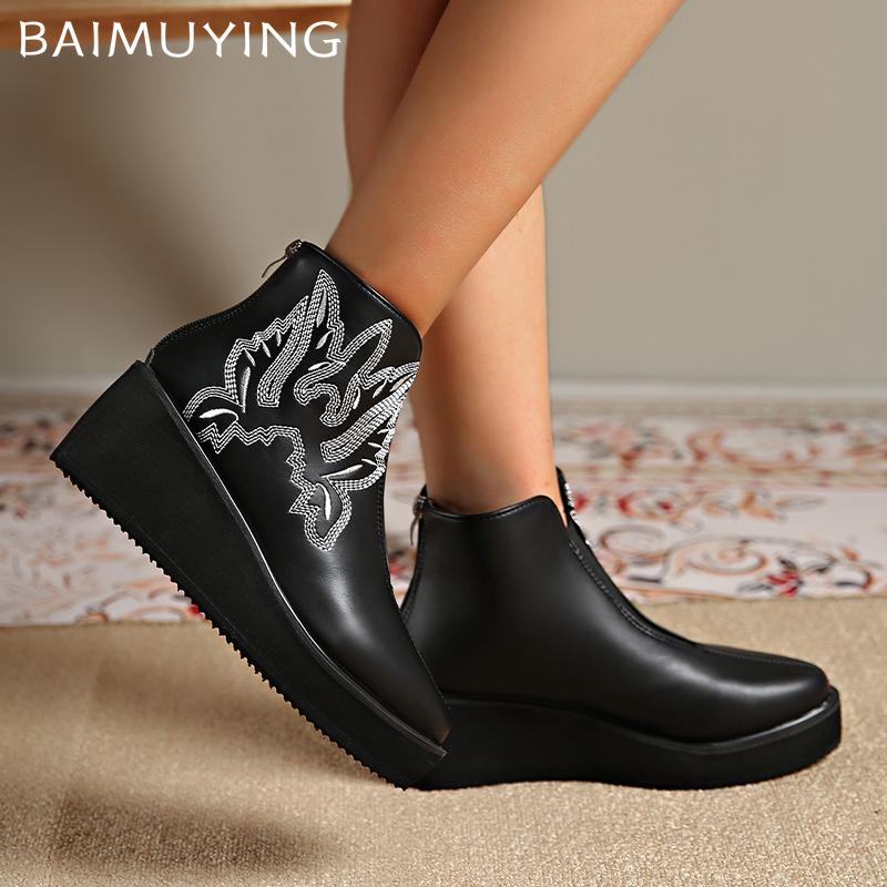 Women Wedges Ankle Boots Embroidery Designer Retro Mid Heels Shoes  Trend Winter New Classic Goth Leather Botas De Mujer