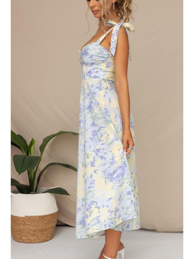 V Neck Strap Printingt Dress Lace Up Knee Length Dress Elegant Sleeveless Dresses Causal Women Dress