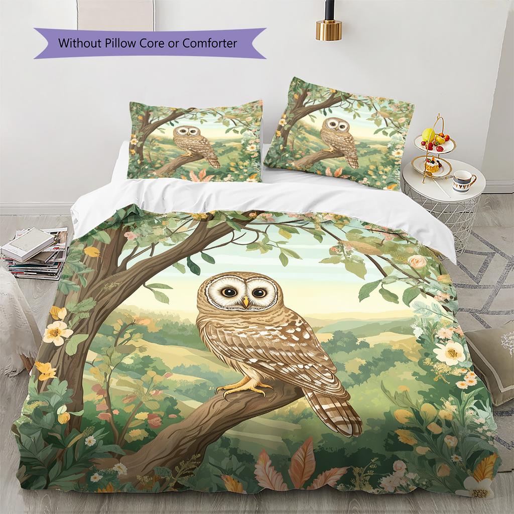 Eule auf Ast Muster Bettwäsche Quilt Set Heimdekoration Geschenk (1 Bettbezug + 2 Kissenbezüge, ohne Füllung)