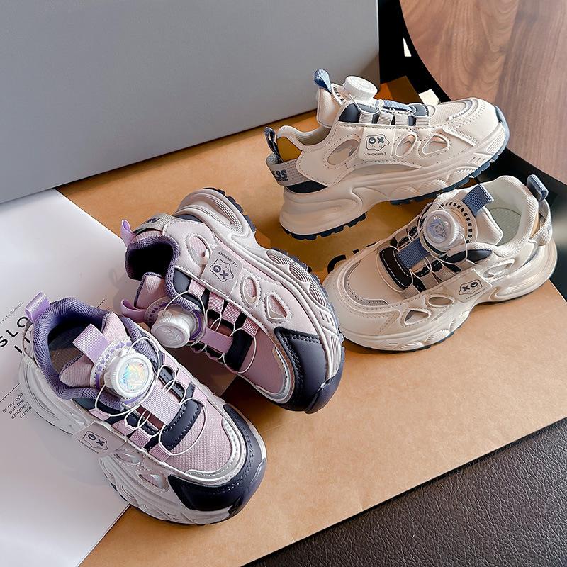 Children's spring new 2025 button shoes leather surface platform non-slip casual shoes boys running shoes fashionable and versatile