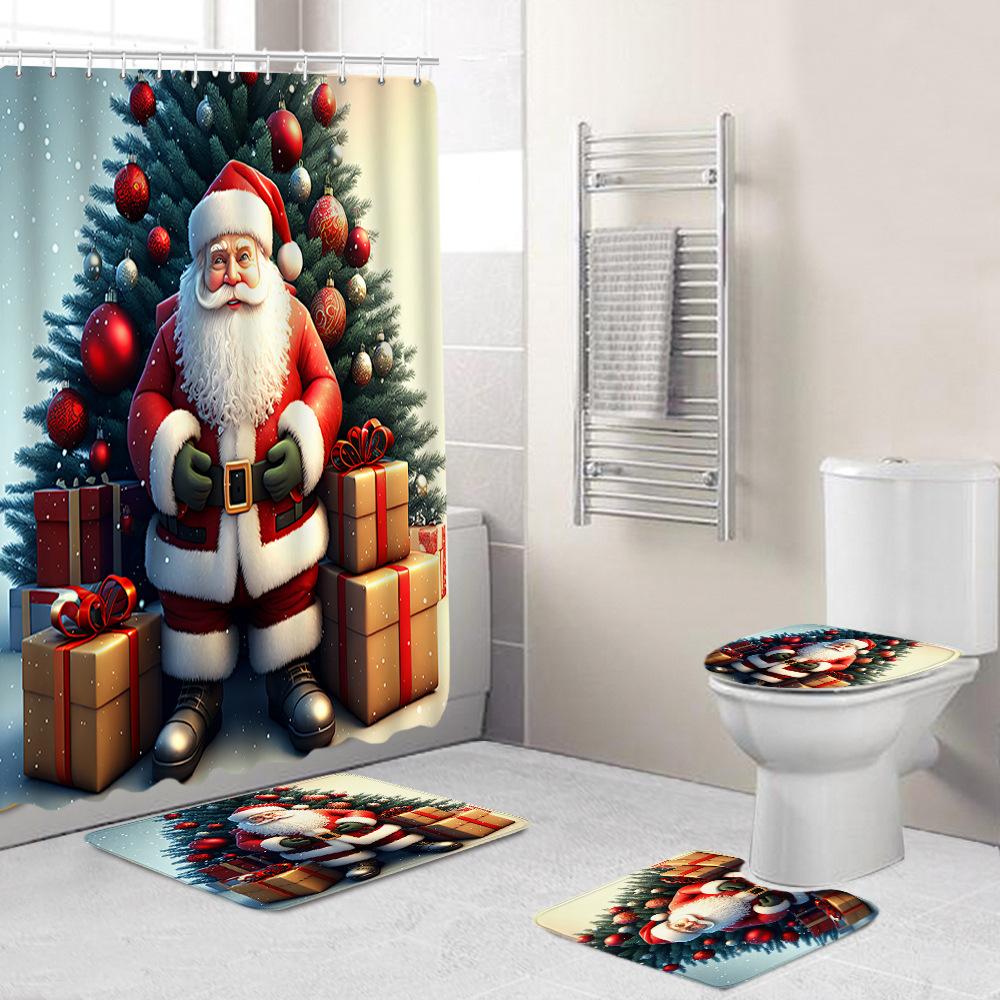 Christmas Toilet Cover Shower Curtain Floor Mat Set Santa Carpet Door Mat Foot Mat Non-Slip Mat