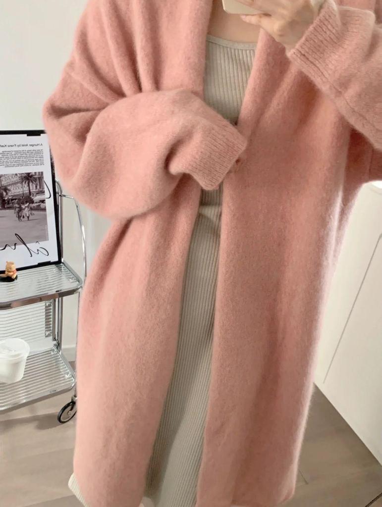 Women's Gray Oversized Knit Sweater Coat: Mid-Length, Over-the-Knee, Autumn/Winter, Thickened Lazy Style.