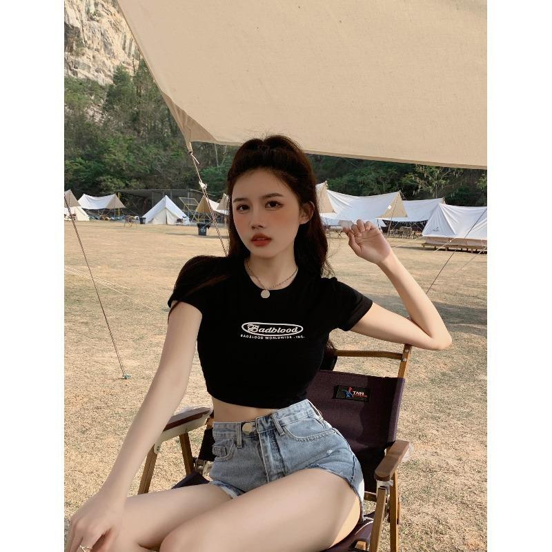 Black Hottie Navel Printed Short Sleeve T-Shirt Women's Summer South East Asia Hot Top