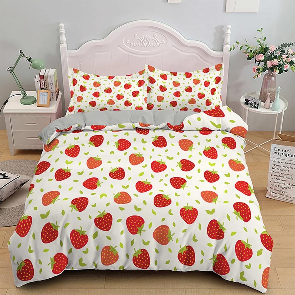 Strawberry Duvet Cover Set Cartoon Pink Fruit Print Comforter Cover Set for Boy Girl Teen Sweet Strawberry Room Decor Bedding