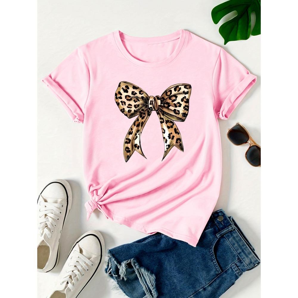 Summer New 90s Leopard Print Bow Short Sleeve Print Clothing Women's T-Shirt Harajuku Graphic Clothing Women's Top Tee