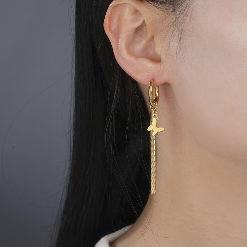 Cazador Stainless Steel Butterfly Charm Snake Chain Tassel Earrings 2026 Women's Jewelry Trendy Mother's Day Gift Wholesale