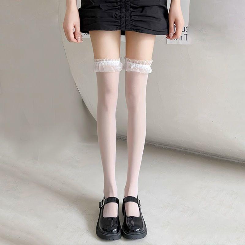 Wiosna/Lato Białe Jedwabne Podkolanówki za Kolano z Koronkowym Wykończeniem