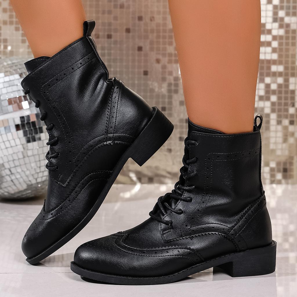 Fashion Women Boots Open Toe Large Size Winter Retro Women Short Boots Lace Up Comfortable Low Heel Shoes for Women Zapatos De Mujer