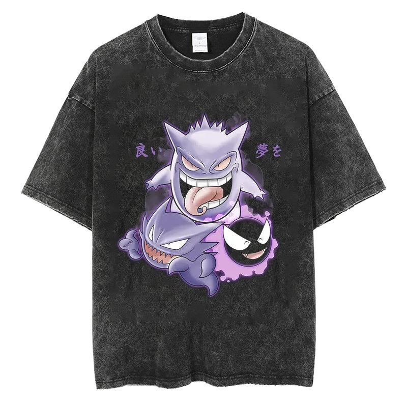 Pokémon European and American washed old retro short-sleeved T-shirt animation, ghost stone, American high street top casual S