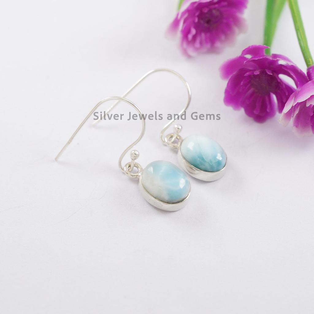 Natural Oval Larimar Earrings, 925 Sterling Silver, Dainty Earring