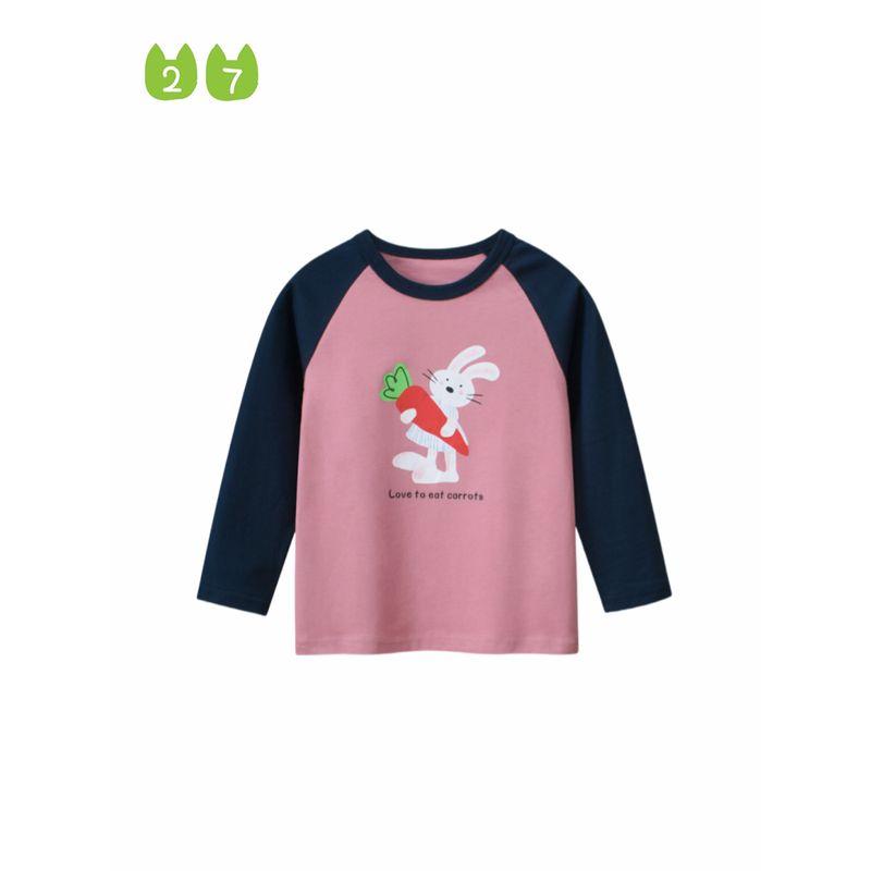 Korean Style Children's Clothing Spring and Autumn Girls' Patchwork Sleeve Raglan Sleeve Rabbit Long-Sleeve T-Shirt Children's Pure Cotton Base Shirt
