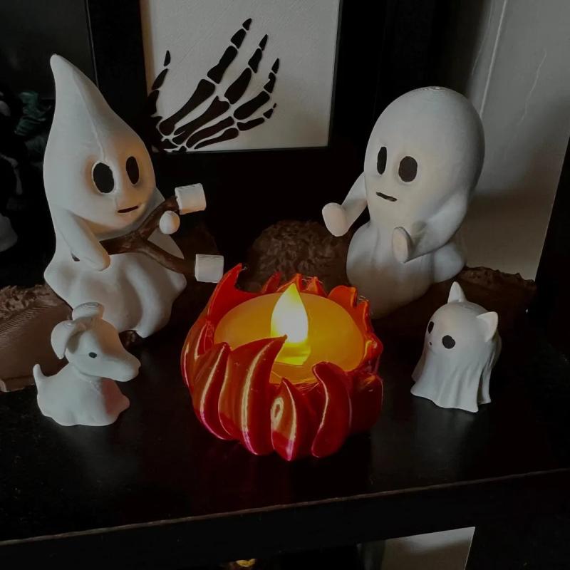 Ghost Campfire Gathering Flickering Nightlight 3D Printed Cute Ghost Ornaments Statues Bonfire Party Halloween Desk Decoration