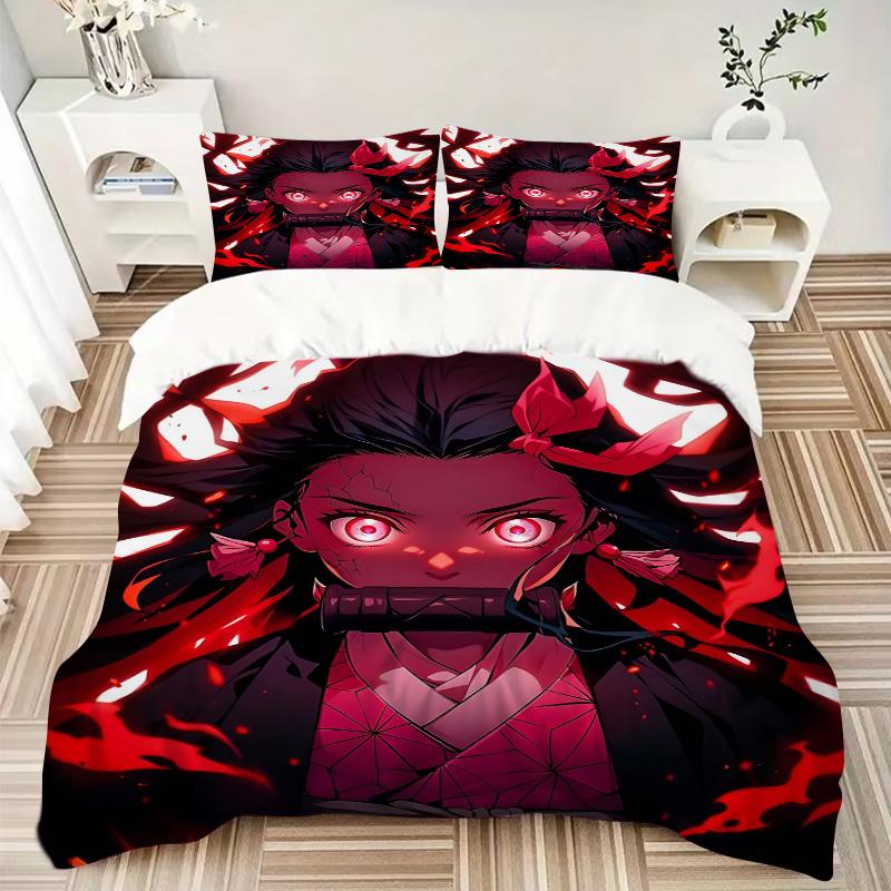 3pcs Anime Character Kamado Nezuko Pattern Bedding Three-Piece Set (1 Cover + 2 Pillowcases, No Fillings), This Printed Bedding Set Is Soft