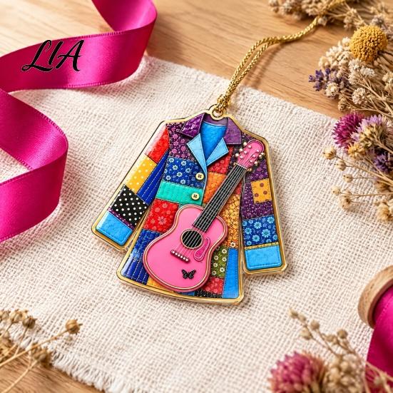 Artistic Guitar Hanging Decor Acrylic Christmas Ornament, Patchwork Jacket Butterfly Flat Pendant Decorative Car Accessories with Gold String for Tree