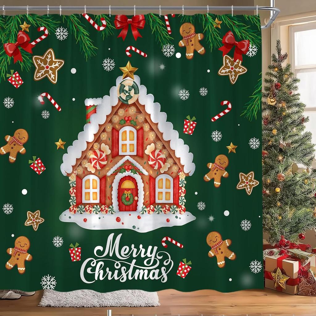 Gingerbread House Shower Curtain Christmas Candy Cane Snowflake Pine Leaves Snowy Winter Fabric for Bathroom Decor Bathtub Wit