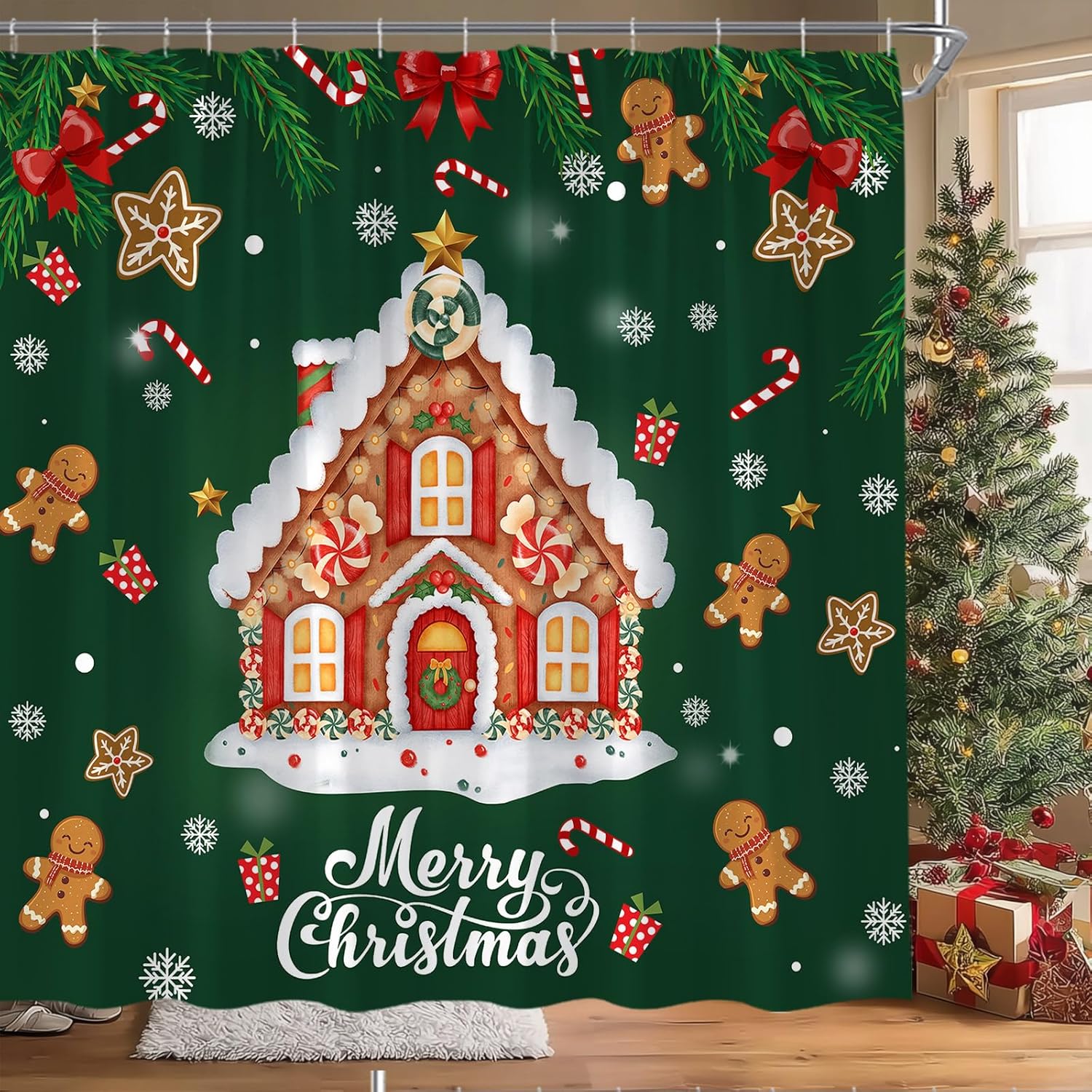 

Gingerbread House Shower Curtain Christmas Candy Cane Snowflake Pine Leaves Snowy Winter Fabric for Bathroom Decor Bathtub wit 90x180cm