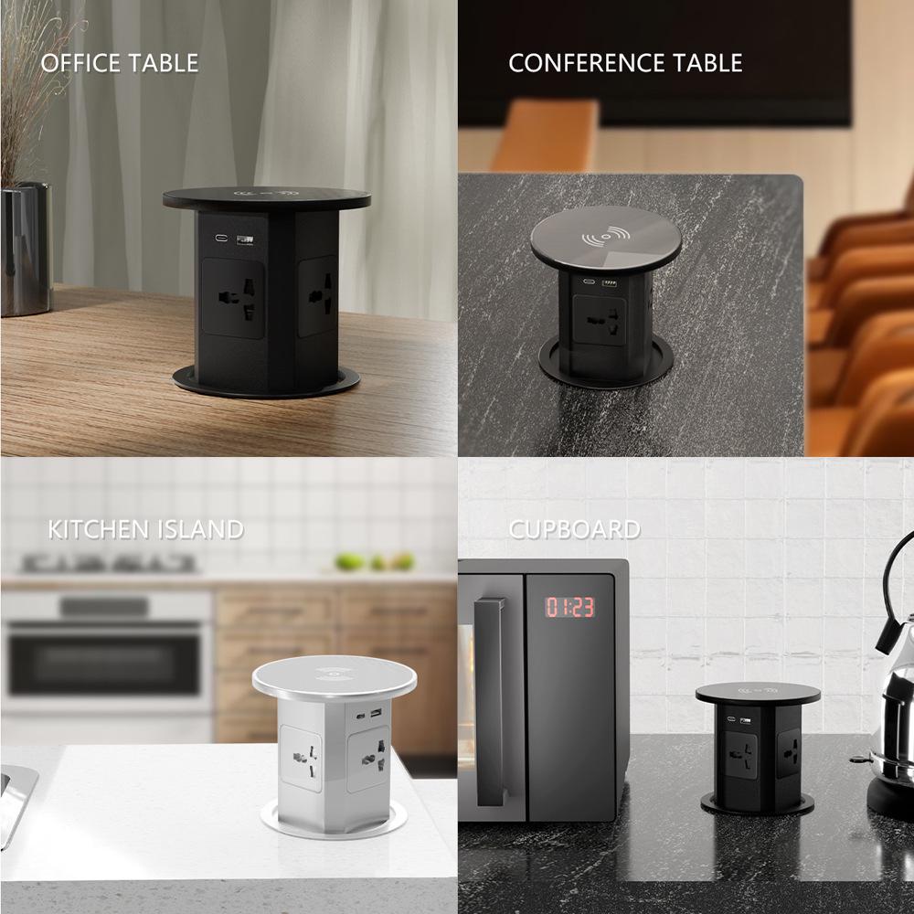 Prise hydraulique de bureau multifonction noire avec charge rapide USB A+C 18W et chargeur sans fil 15A, 250V.