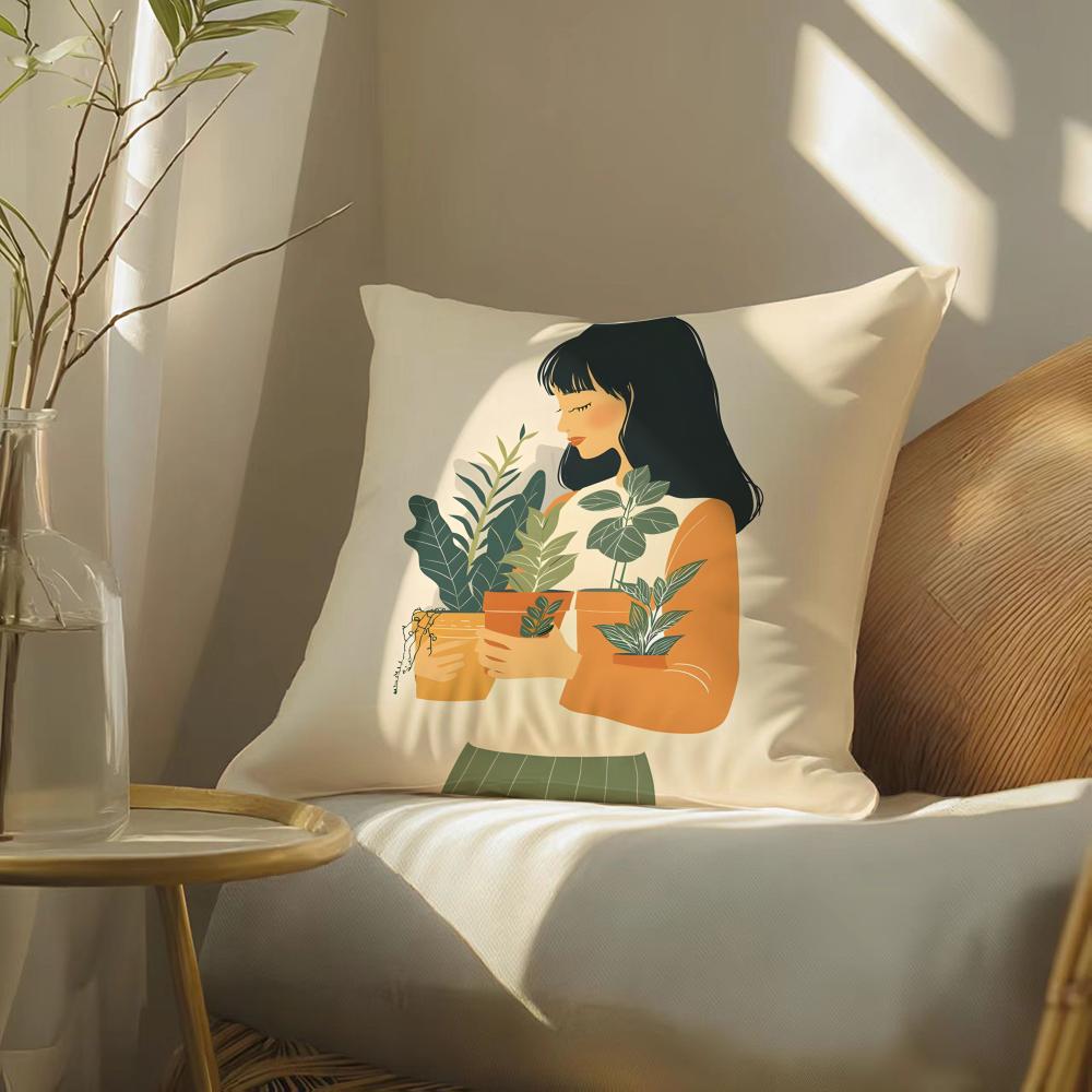 Elegant Simple Flower-Growing Girl Pillow Case Pattern Printed Pillowcase For Living Room Sofa Cushion Cover & Bedroom Decor