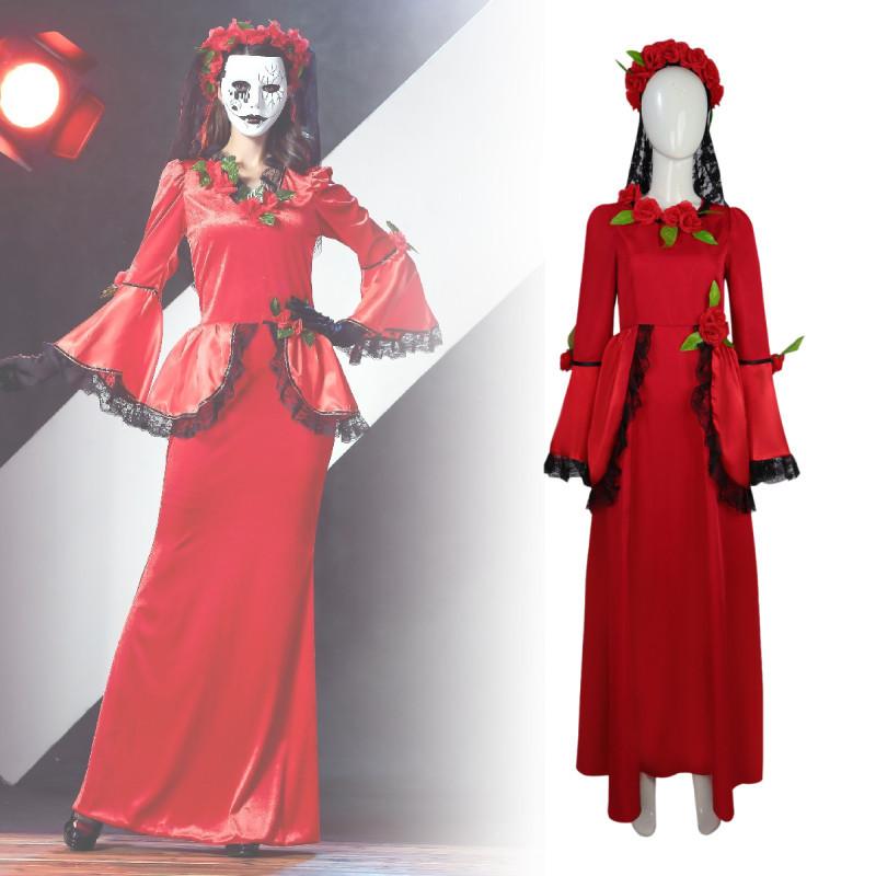 Scary Ghost Costume For Halloween Zombie Bride Retro Red Dress Cosplay