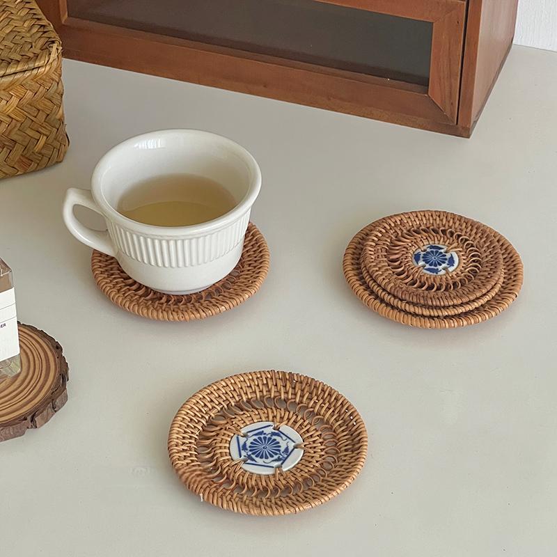 Rattan Coaster Creative Placemat Handmade Table Mat Heat Insulating Tablemat Tea Coffee Cup Pad Non-Slip Mat Round Coasters