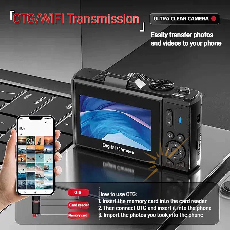 64MP WIFI 4K Dijital Kamera 180° Döner Ekran Selfi Kamerası Küçük Taşınabilir 18X Dijital Zoom Vlog Kamerası