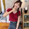 Letni Dziewczęcy Seksowny T-shirt z Dekoltem V Jednolity Kolor Krótki Rękaw Dzianinowe Topy Styl Preppy Dopasowany T-shirt