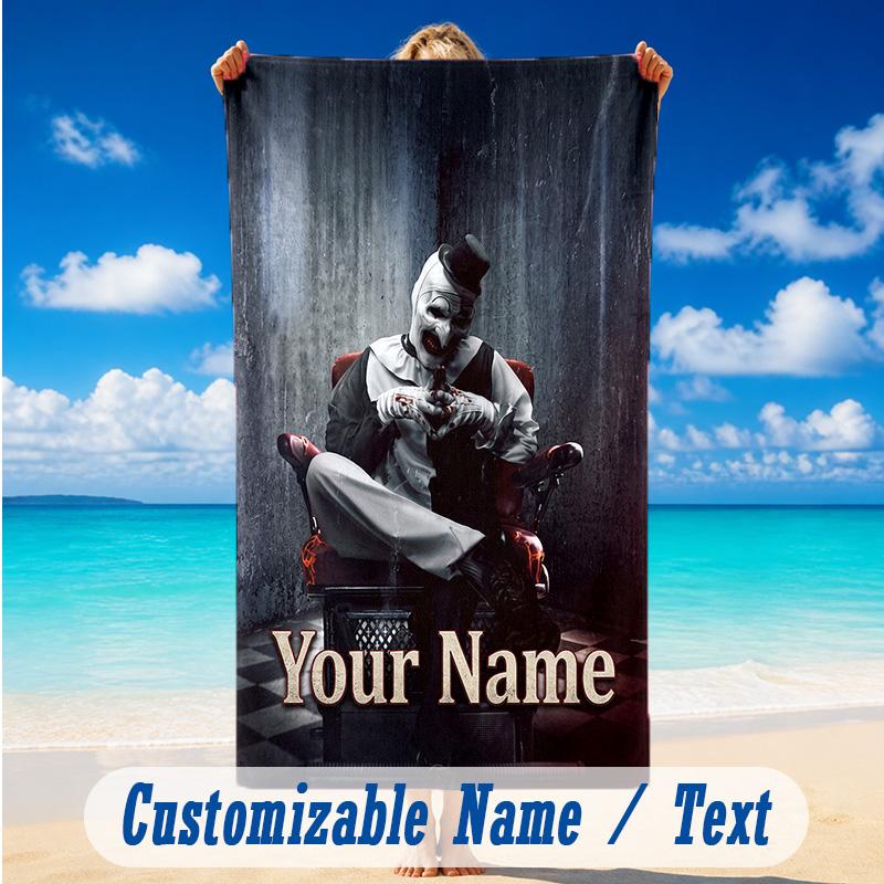 Beach Towel Custom Name Text, Quick Dry Large Towel For Beach HomeTerrifier Art the Clown