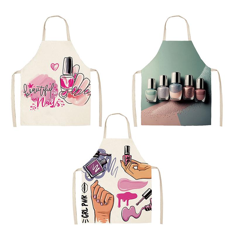 Nail Polish Lipstick Beauty Kitchen Women Apron Household Cleaning Flax Pinafore Salon Home Cooking Baking Adult Bib