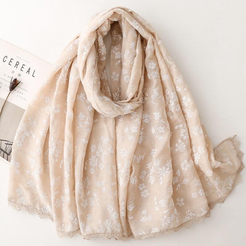 Plain Embroider Floral Viscose Scarf Lace Chain Lady High Quality Shawls And Wraps Pashmina Stole Foulards Muslim Hijab 180*90Cm
