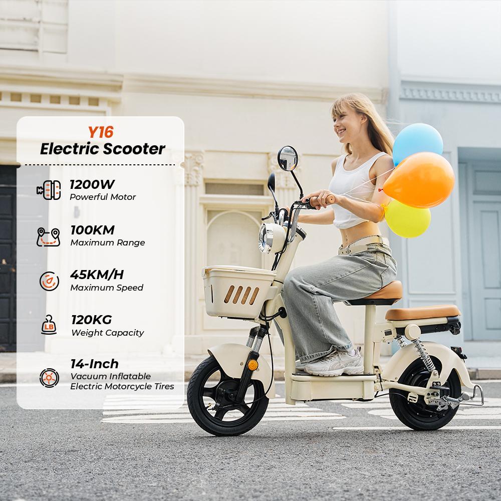 Electric Scooter iScooter Y16 14" 1200W Motor LCD DIsplay Soft Seat Cushion 48V 20AH Fully Suspended Adult Electric Scooter With NFC Card Beige
