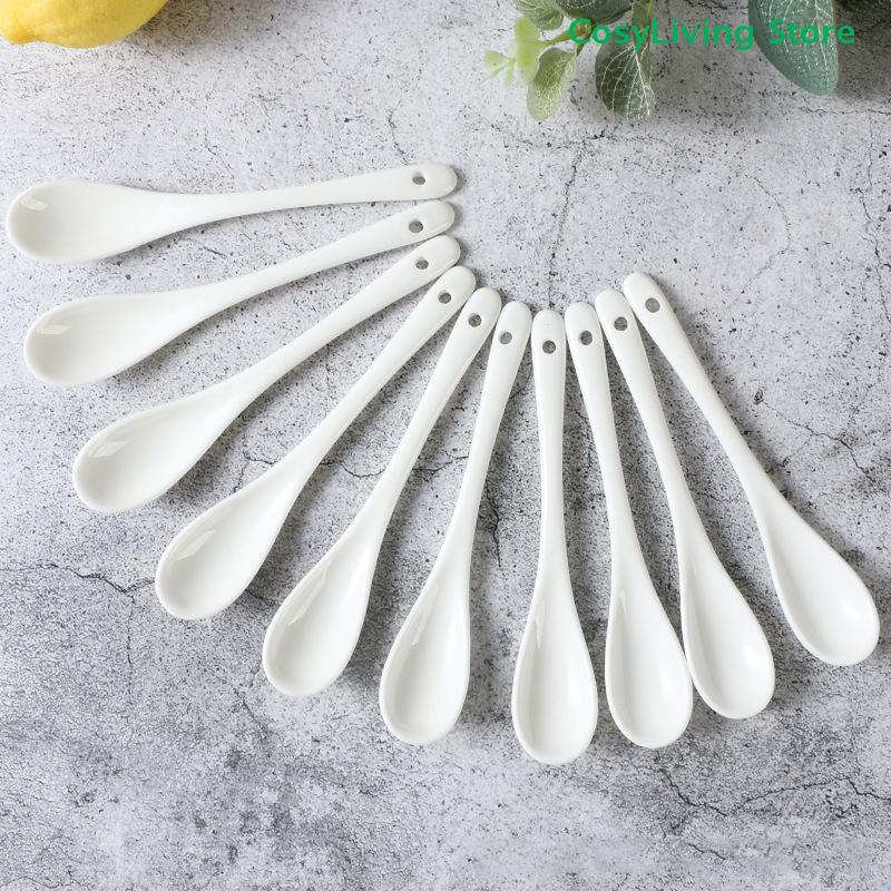 5PCS Mini Ceramic Tea Coffee Sugar Dessert Spoon Porcelain Spoons Kitchen Pure White Flatware