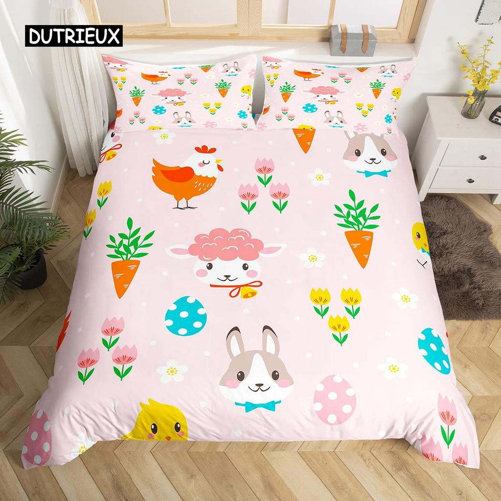 Kawaii Rabbit Duvet Cover Cute Pet Animal Comforter Cover Boho Floral Easter Eggs Bedding Set Happy Easter Gifts for Girls Teens