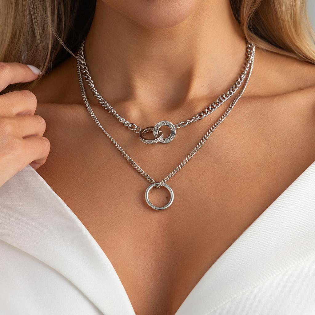 Fashion Office Style Rhinestone Buckle Double Ring Necklace, Unique Versatile Multi Layer Stackable Choker For Women