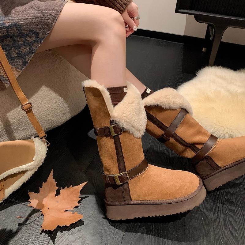 Contrast Color Platform Snow Boots Winter New Round Toe Suede Buckle Thickened Warm Cotton Shoes