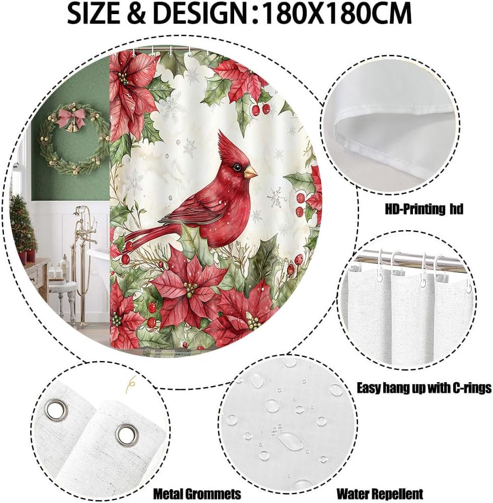 Classic Christmas Shower Curtain with Red Cardinal Poinsettia Pattern on Ivory Background, Waterproof Festive Bathroom Decor